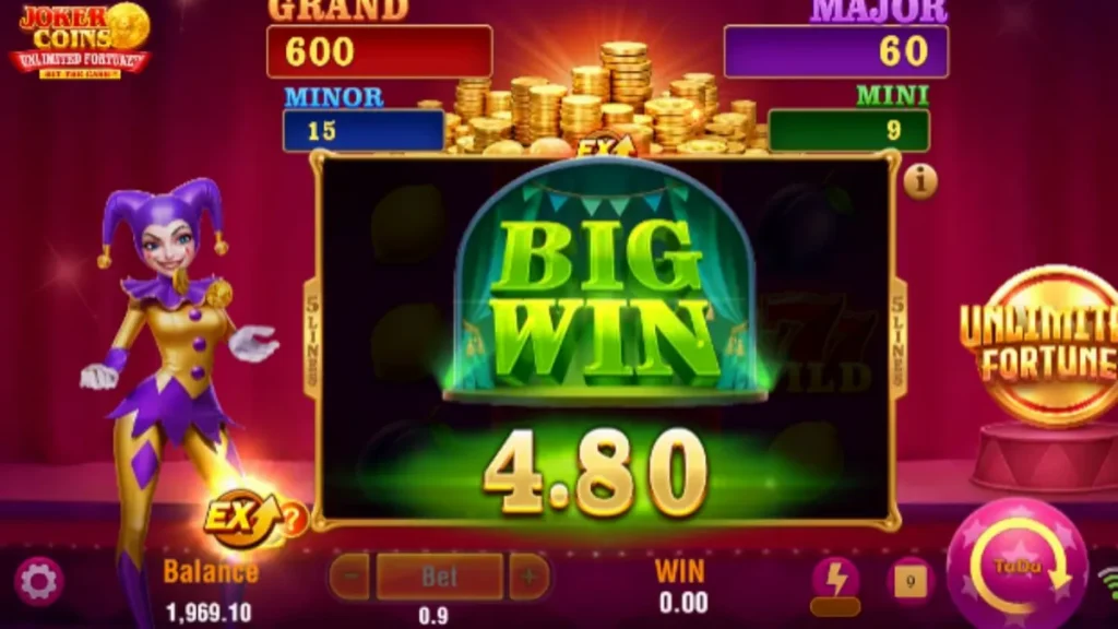 Tampilan antarmuka permainan slot Joker Coins Unlimited Fortune dengan nuansa neon