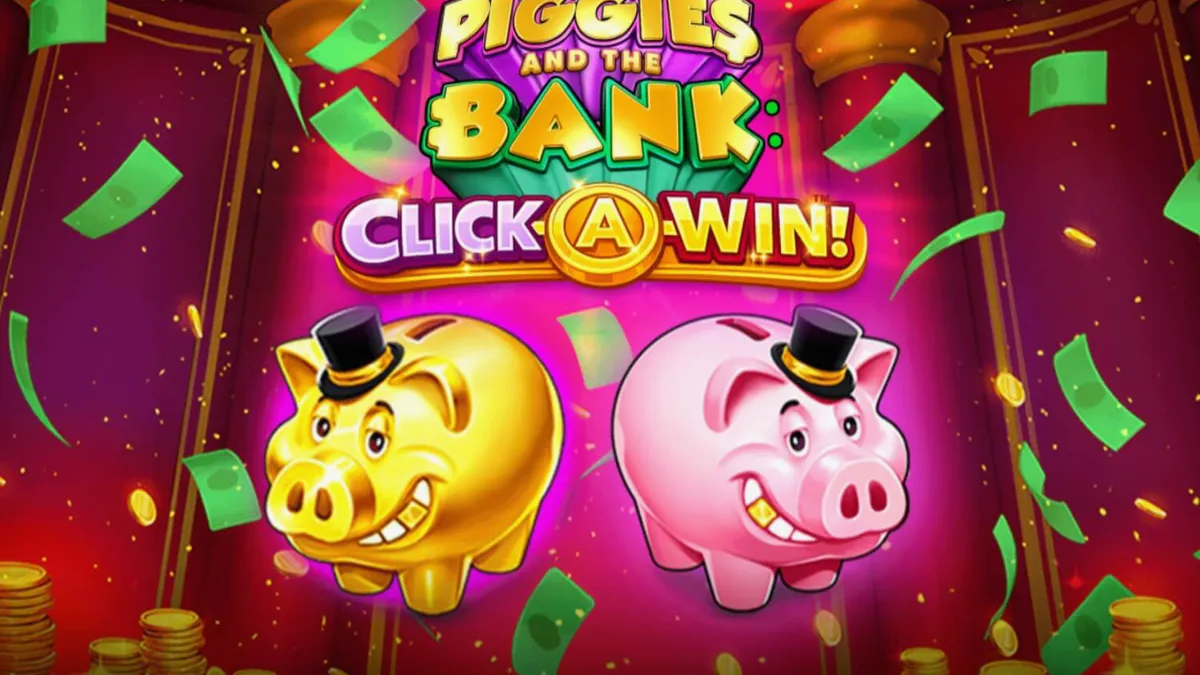 Tampilan visual slot Piggies and the Bank dengan tema celengan babi mewah